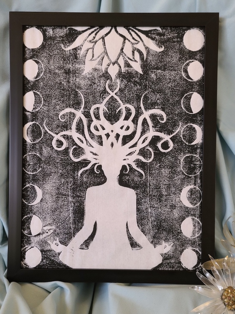 Dark background Moon Growth Yoga print by Sarah Perry